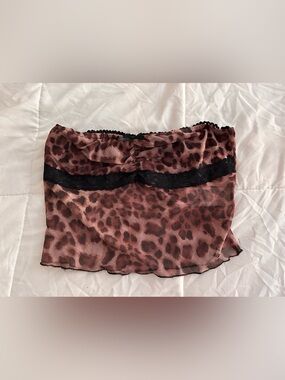 SHEIN Leopard Print Sheer Strapless Top with Black Lace, Size S